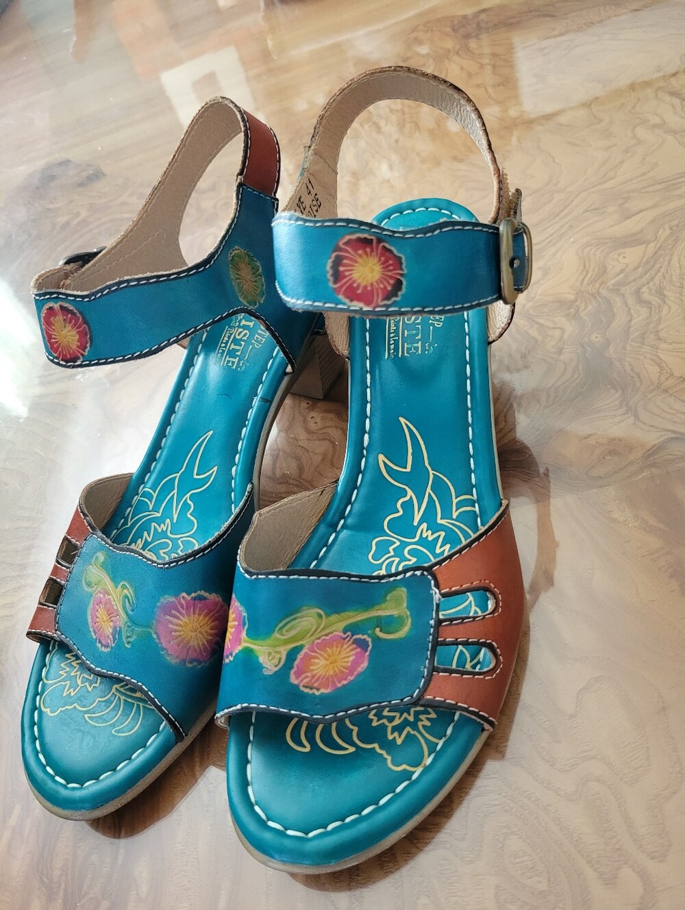 L'Artiste by Spring Step Hand-Painted Leather Wedge Sandals Turquoise Size 41